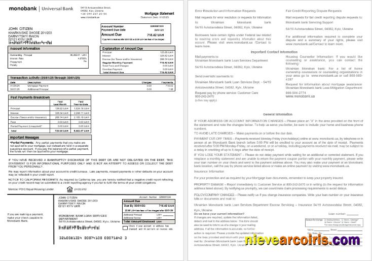 Ukrainian Monobank bank mortgage statement